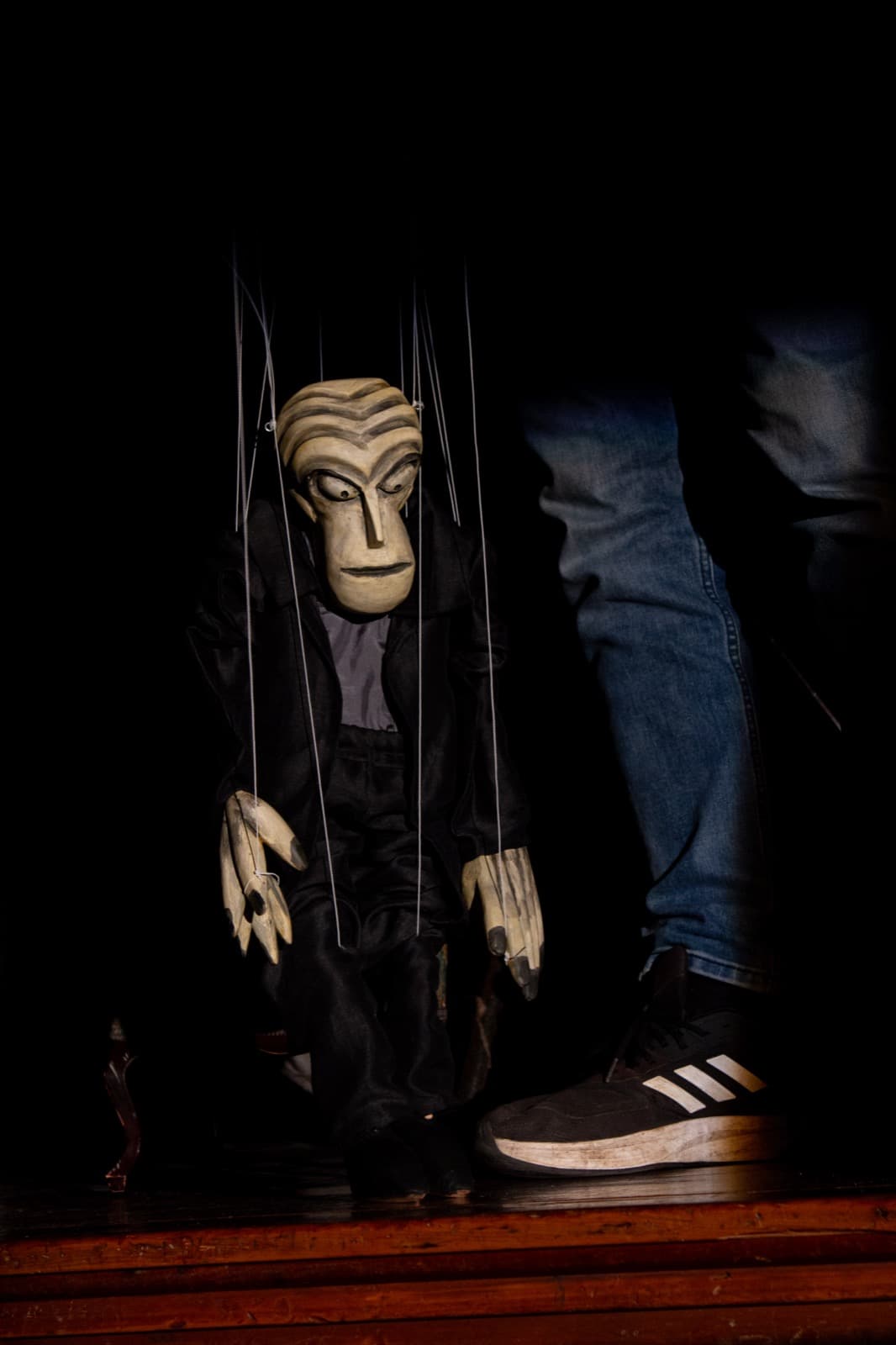 A carved wooded marionette is dressed in black velvet suit and has stylized and exagerated features. His forhead is large and deeply grooved. Dark paint emphsizes the crevices. The eyes slant downwards and protrude and the pupils are painted so he is looking slighly crosseyed towards the floor. His nose is a thin, angular and oblong. His mouth is a black gash and his stylised hands finish in sharp points and the nails are pained black. The skin tone of the puppet is grey