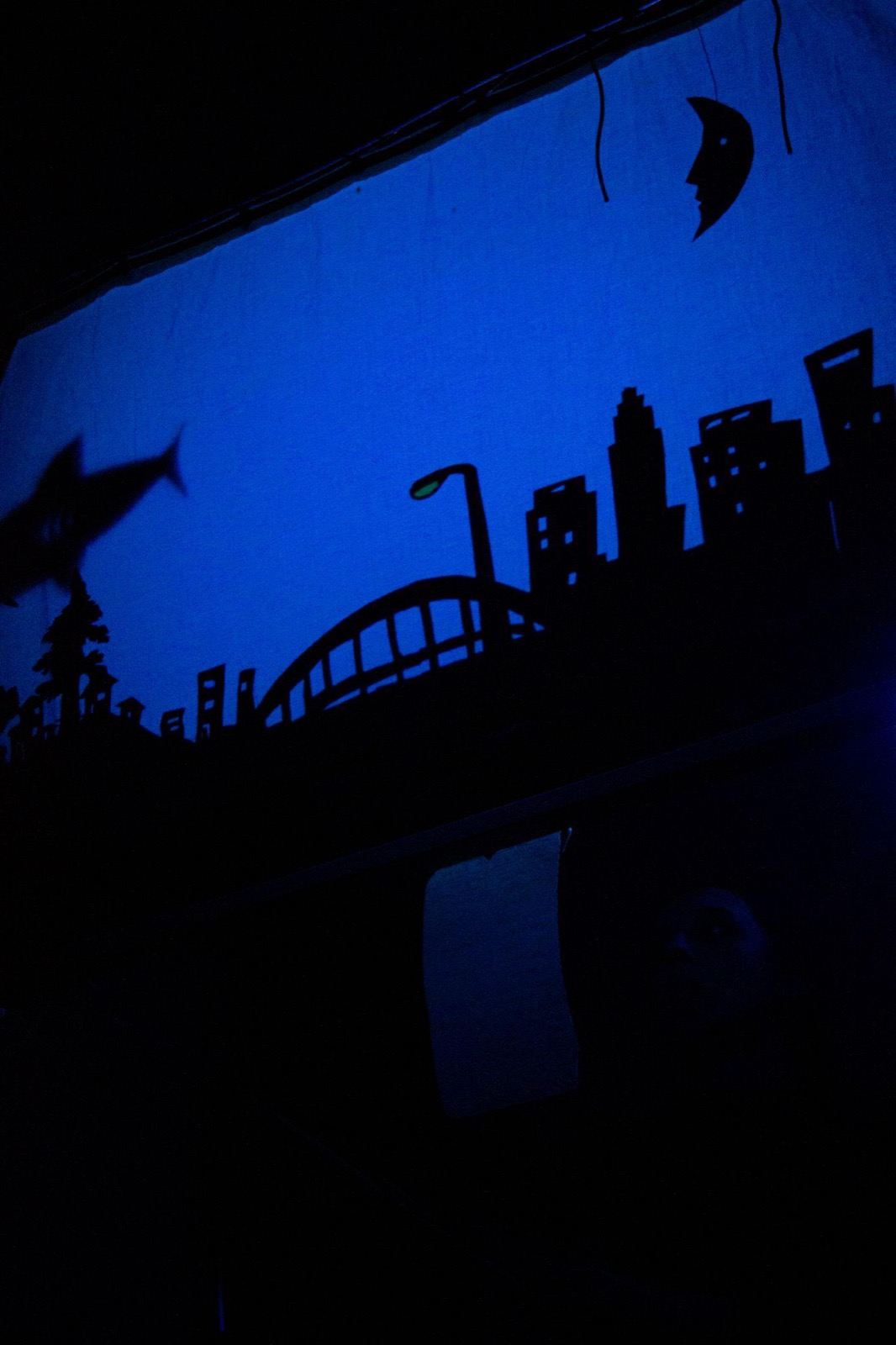 A blue-lit shadow puppet screen showing a city skyline with a bridge and a leaping fish silhouette under a crescent moon