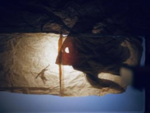 A fish and a child shadow puppets are silhouetted against a glowing paper screen