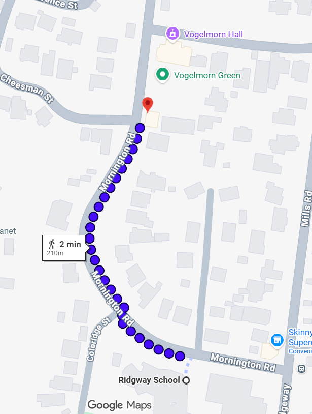 A map of the walking route from Vogelmorn Green down Mornington Road to Ridgway School, marked as 210 metres and about two minutes on foot.