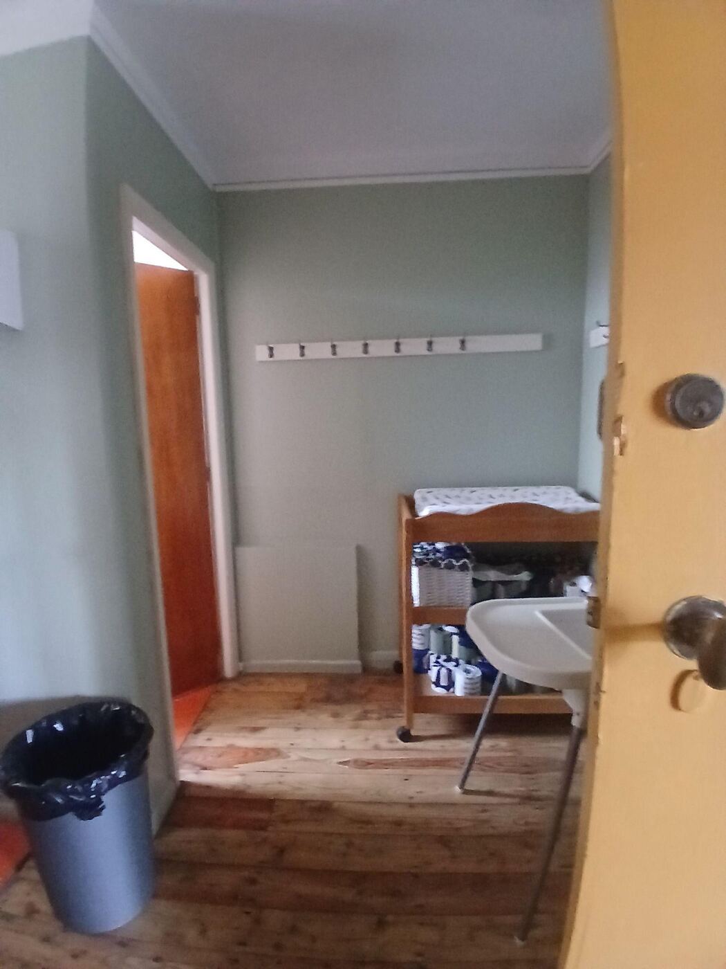 A small room with pale green walls and a bare wooden floor, containing a wooden baby change table with a fitted mat and a row of coat hooks on the wall above it. A rubbish bin stands to one side, with an open door to another room on the left.